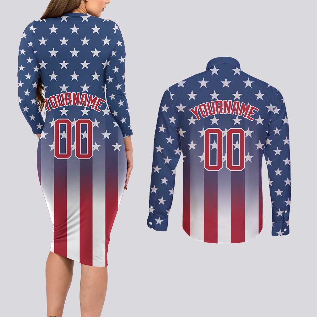 Personalized Team Name American Couples Matching Long Sleeve Bodycon Dress and Long Sleeve Button Shirt USA Flag Fashion Sports