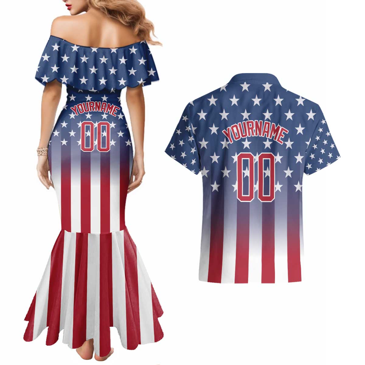 Personalized Team Name American Couples Matching Mermaid Dress and Hawaiian Shirt USA Flag Fashion Sports