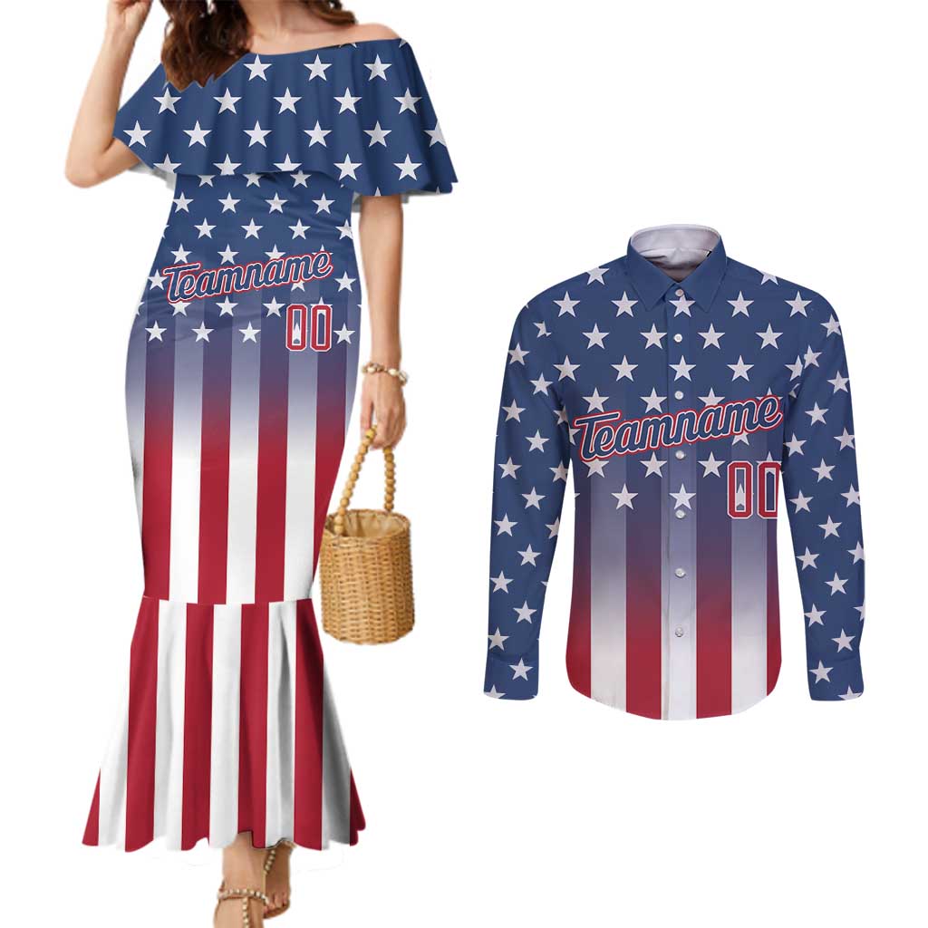Personalized Team Name American Couples Matching Mermaid Dress and Long Sleeve Button Shirt USA Flag Fashion Sports