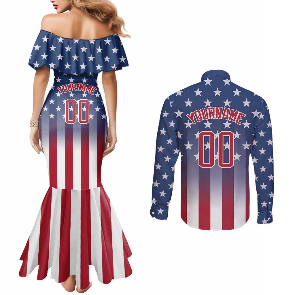 Personalized Team Name American Couples Matching Mermaid Dress and Long Sleeve Button Shirt USA Flag Fashion Sports
