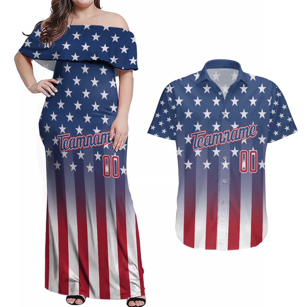 Personalized Team Name American Couples Matching Off Shoulder Maxi Dress and Hawaiian Shirt USA Flag Fashion Sports