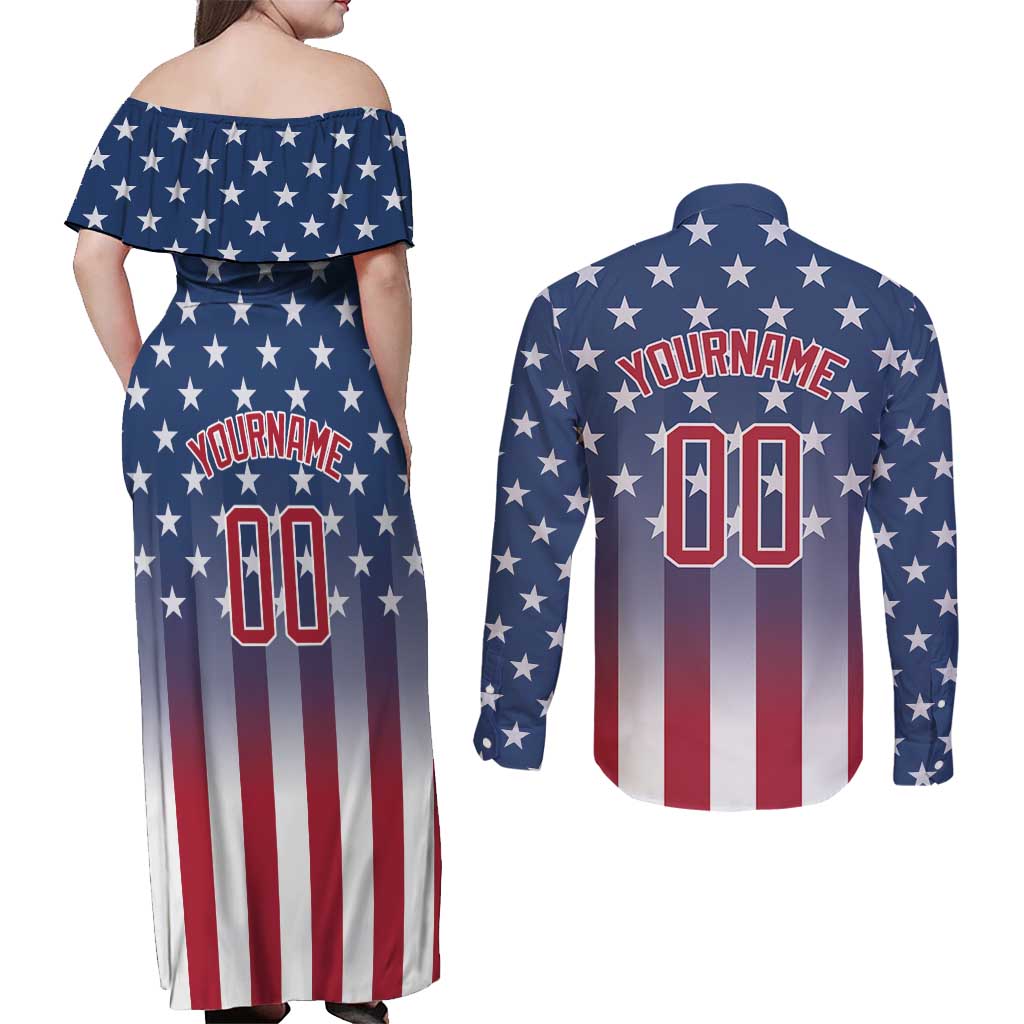 Personalized Team Name American Couples Matching Off Shoulder Maxi Dress and Long Sleeve Button Shirt USA Flag Fashion Sports