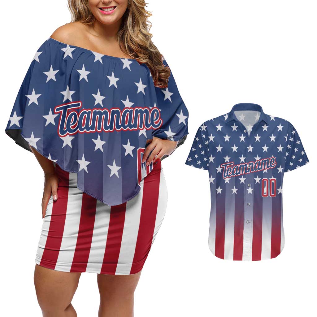 Personalized Team Name American Couples Matching Off Shoulder Short Dress and Hawaiian Shirt USA Flag Fashion Sports