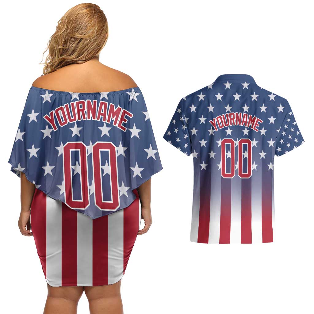 Personalized Team Name American Couples Matching Off Shoulder Short Dress and Hawaiian Shirt USA Flag Fashion Sports