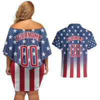 Personalized Team Name American Couples Matching Off Shoulder Short Dress and Hawaiian Shirt USA Flag Fashion Sports