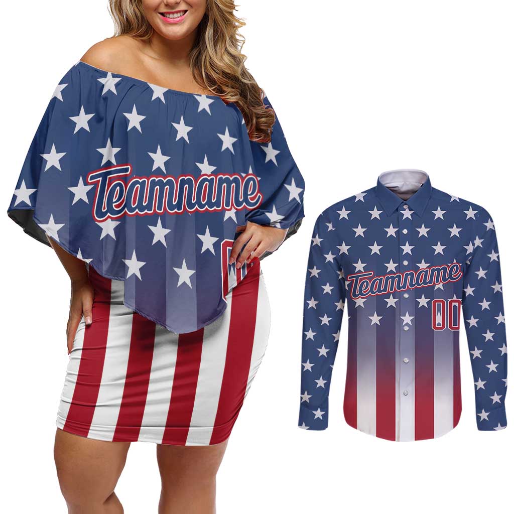 Personalized Team Name American Couples Matching Off Shoulder Short Dress and Long Sleeve Button Shirt USA Flag Fashion Sports