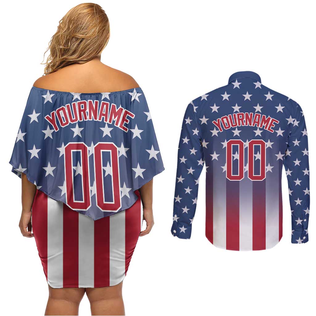 Personalized Team Name American Couples Matching Off Shoulder Short Dress and Long Sleeve Button Shirt USA Flag Fashion Sports