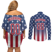 Personalized Team Name American Couples Matching Off Shoulder Short Dress and Long Sleeve Button Shirt USA Flag Fashion Sports