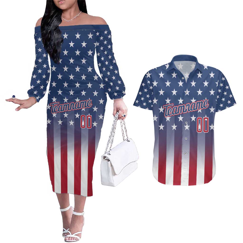 Personalized Team Name American Couples Matching Off The Shoulder Long Sleeve Dress and Hawaiian Shirt USA Flag Fashion Sports