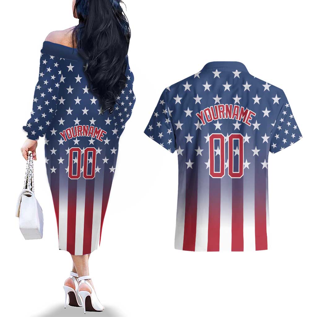 Personalized Team Name American Couples Matching Off The Shoulder Long Sleeve Dress and Hawaiian Shirt USA Flag Fashion Sports
