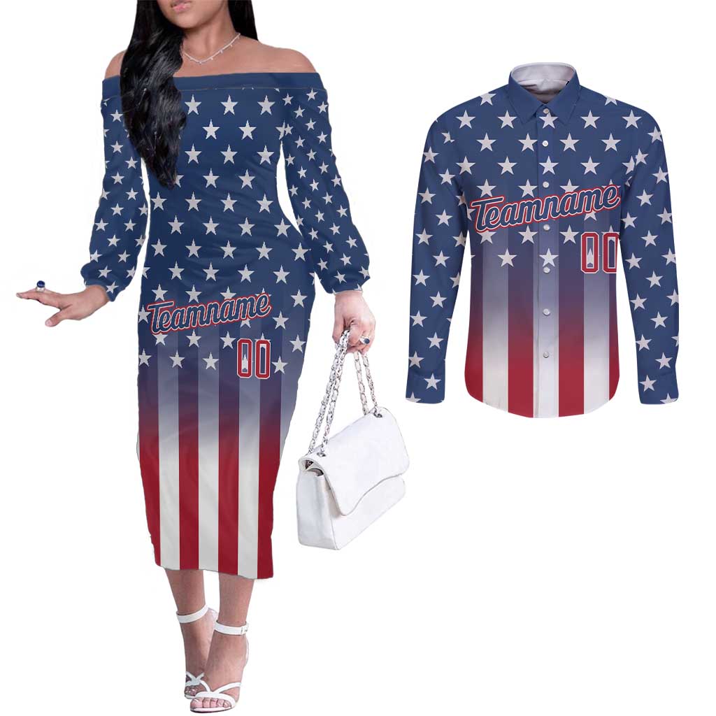 Personalized Team Name American Couples Matching Off The Shoulder Long Sleeve Dress and Long Sleeve Button Shirt USA Flag Fashion Sports