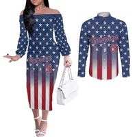 Personalized Team Name American Couples Matching Off The Shoulder Long Sleeve Dress and Long Sleeve Button Shirt USA Flag Fashion Sports