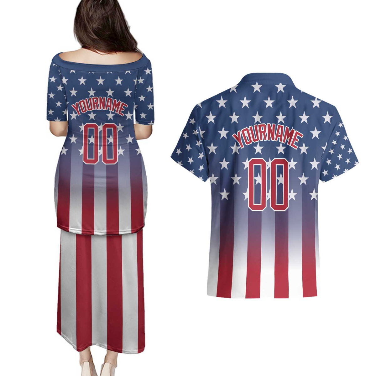 Personalized Team Name American Couples Matching Puletasi and Hawaiian Shirt USA Flag Fashion Sports