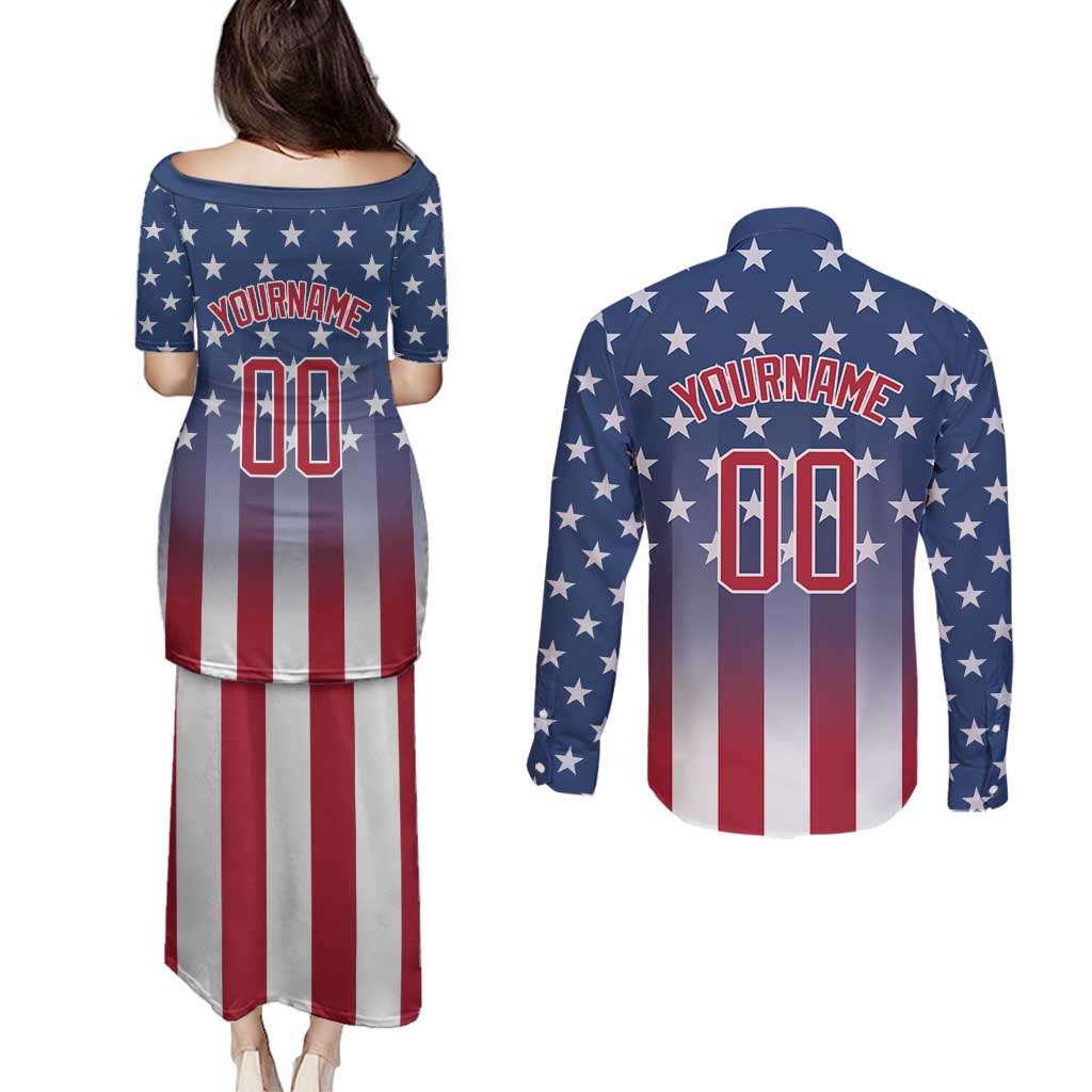 Personalized Team Name American Couples Matching Puletasi and Long Sleeve Button Shirt USA Flag Fashion Sports