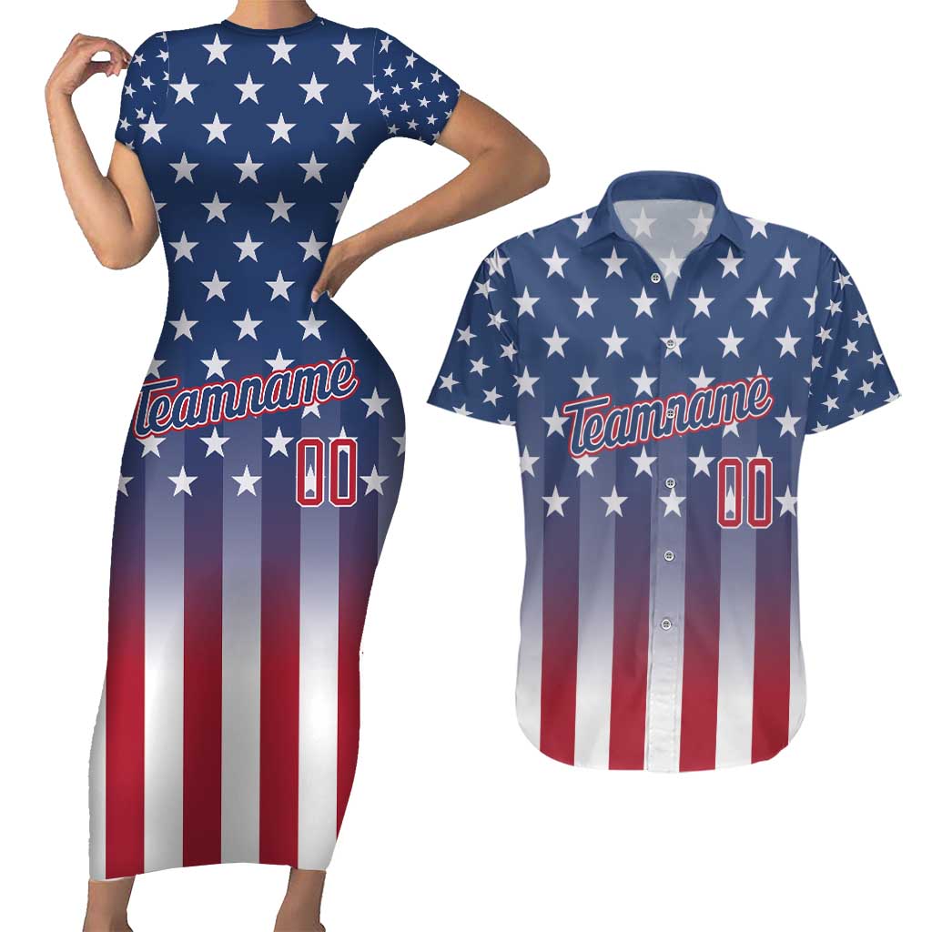 Personalized Team Name American Couples Matching Short Sleeve Bodycon Dress and Hawaiian Shirt USA Flag Fashion Sports