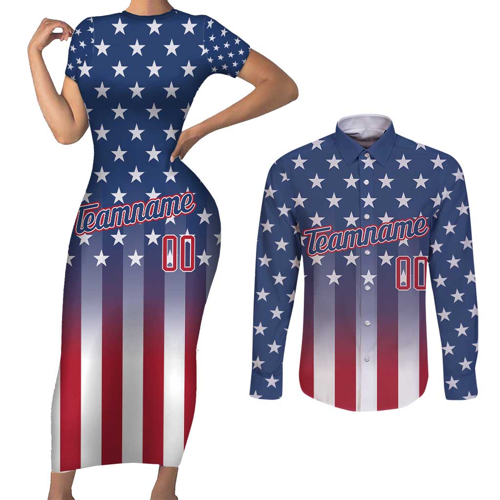 Personalized Team Name American Couples Matching Short Sleeve Bodycon Dress and Long Sleeve Button Shirt USA Flag Fashion Sports