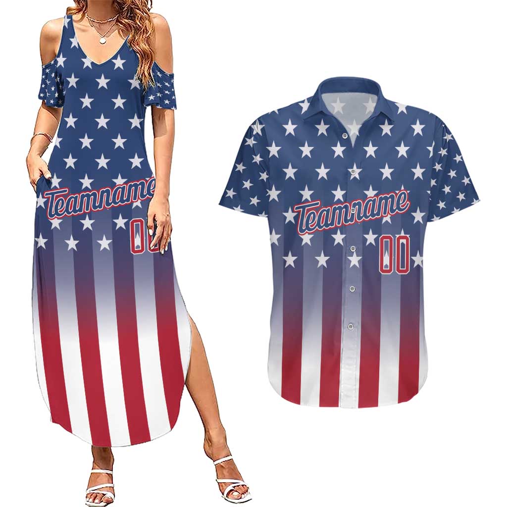 Personalized Team Name American Couples Matching Summer Maxi Dress and Hawaiian Shirt USA Flag Fashion Sports