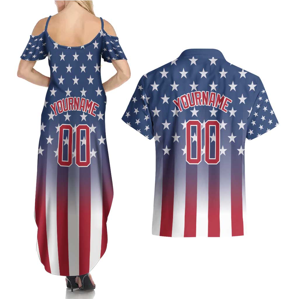 Personalized Team Name American Couples Matching Summer Maxi Dress and Hawaiian Shirt USA Flag Fashion Sports
