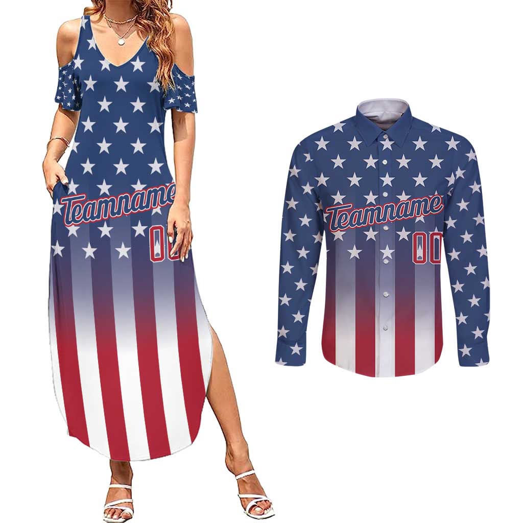 Personalized Team Name American Couples Matching Summer Maxi Dress and Long Sleeve Button Shirt USA Flag Fashion Sports
