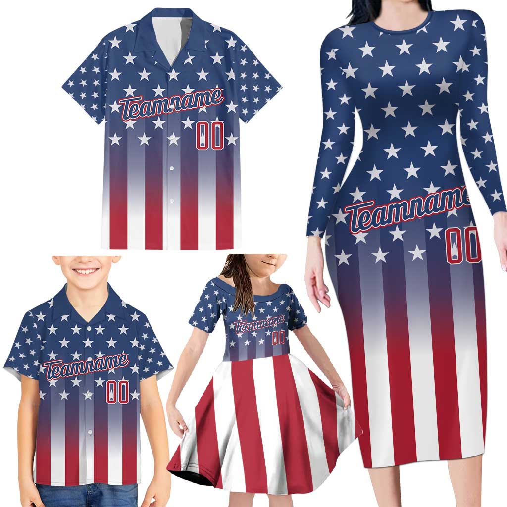 Personalized Team Name American Family Matching Long Sleeve Bodycon Dress and Hawaiian Shirt USA Flag Fashion Sports