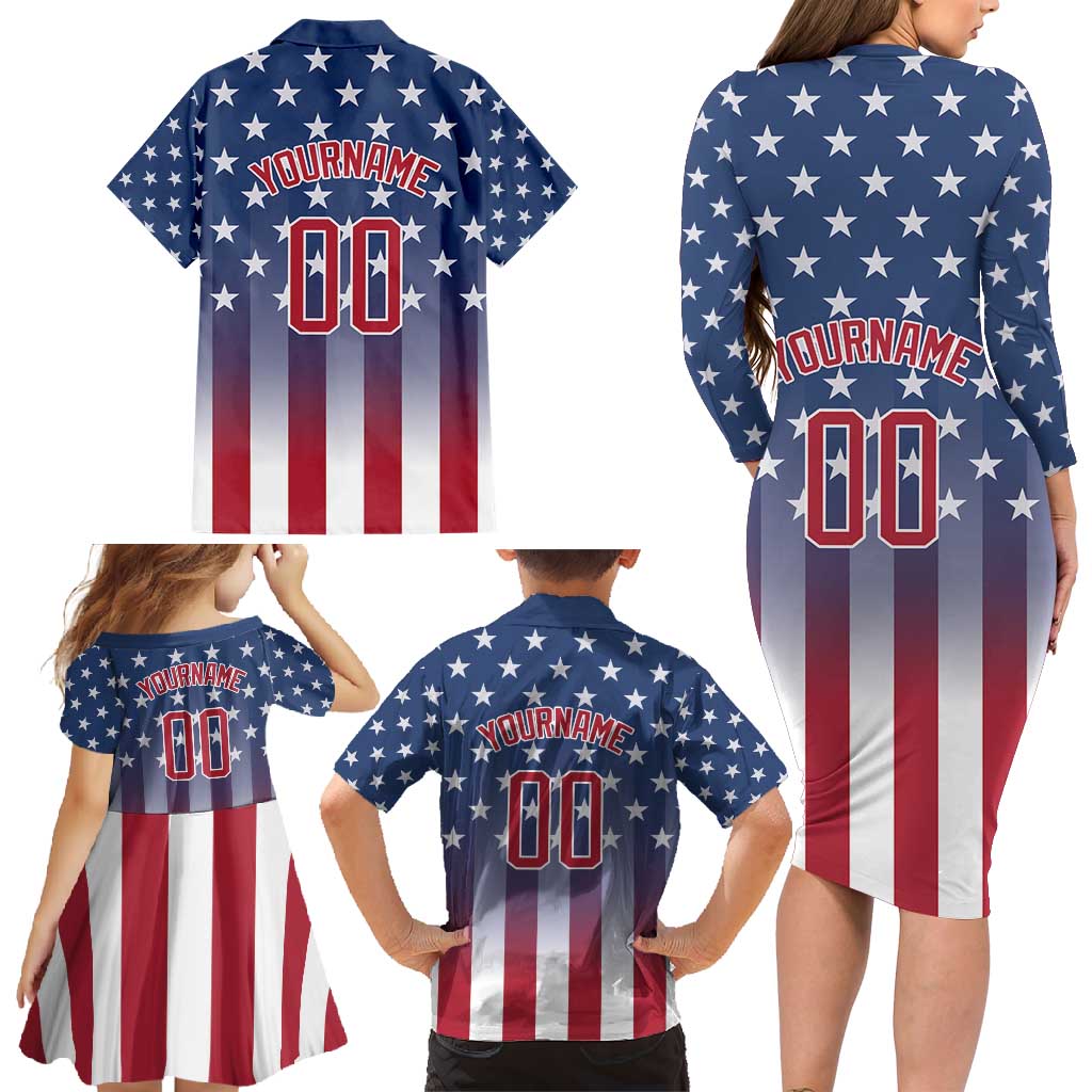 Personalized Team Name American Family Matching Long Sleeve Bodycon Dress and Hawaiian Shirt USA Flag Fashion Sports