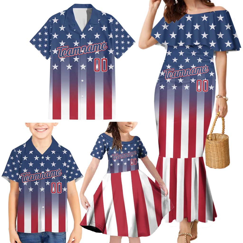 Personalized Team Name American Family Matching Mermaid Dress and Hawaiian Shirt USA Flag Fashion Sports