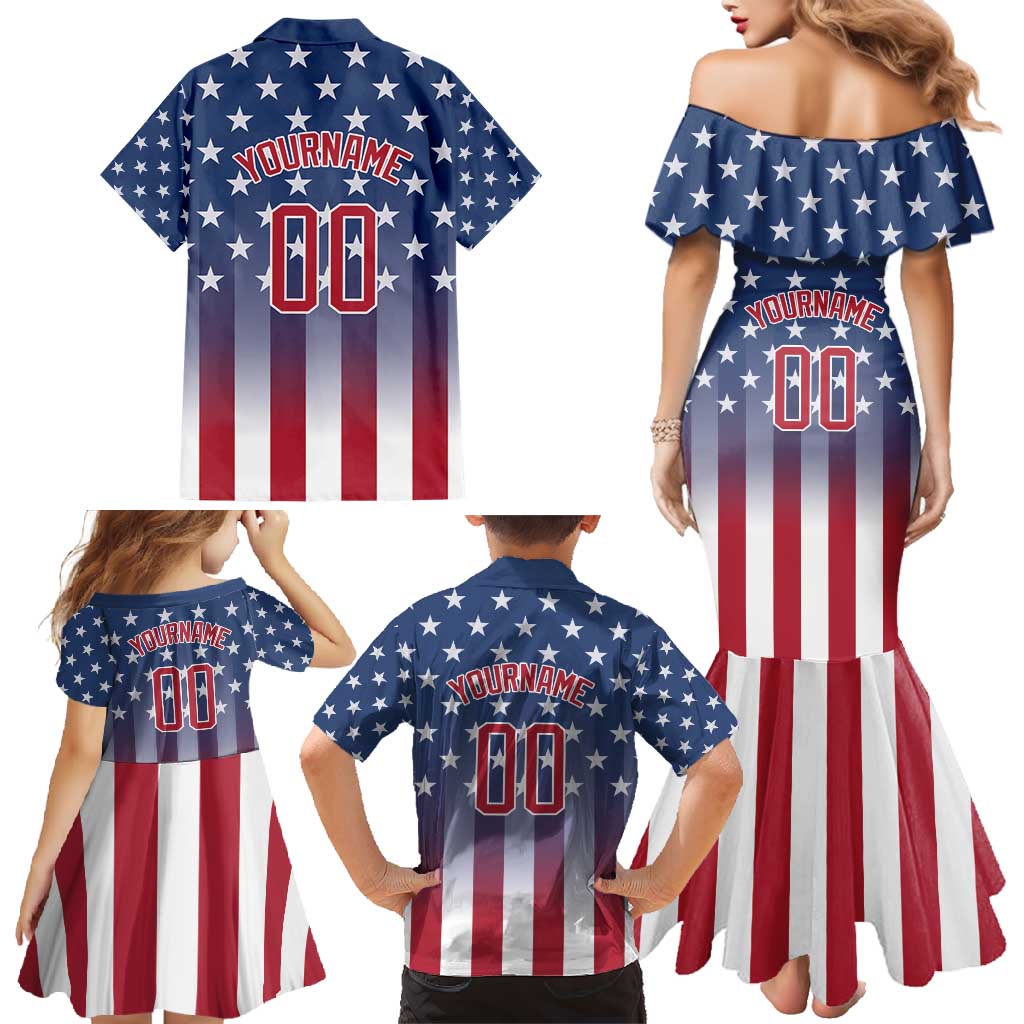 Personalized Team Name American Family Matching Mermaid Dress and Hawaiian Shirt USA Flag Fashion Sports