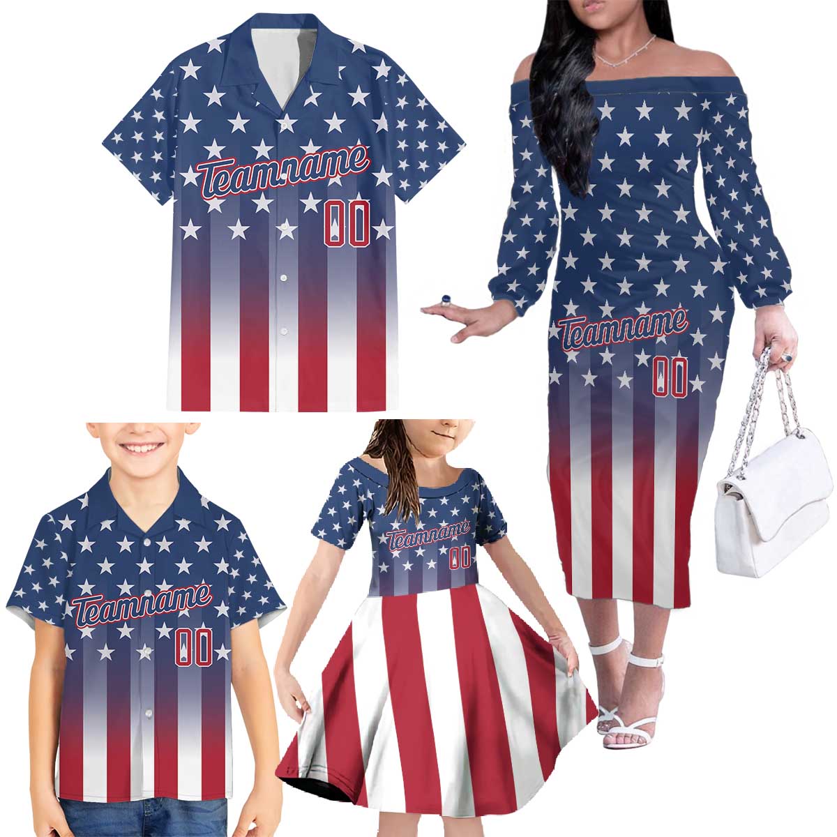 Personalized Team Name American Family Matching Off The Shoulder Long Sleeve Dress and Hawaiian Shirt USA Flag Fashion Sports