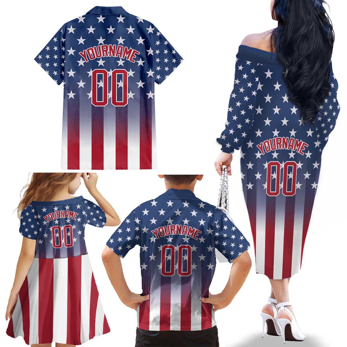 Personalized Team Name American Family Matching Off The Shoulder Long Sleeve Dress and Hawaiian Shirt USA Flag Fashion Sports