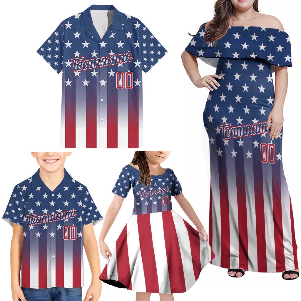 Personalized Team Name American Family Matching Off Shoulder Maxi Dress and Hawaiian Shirt USA Flag Fashion Sports