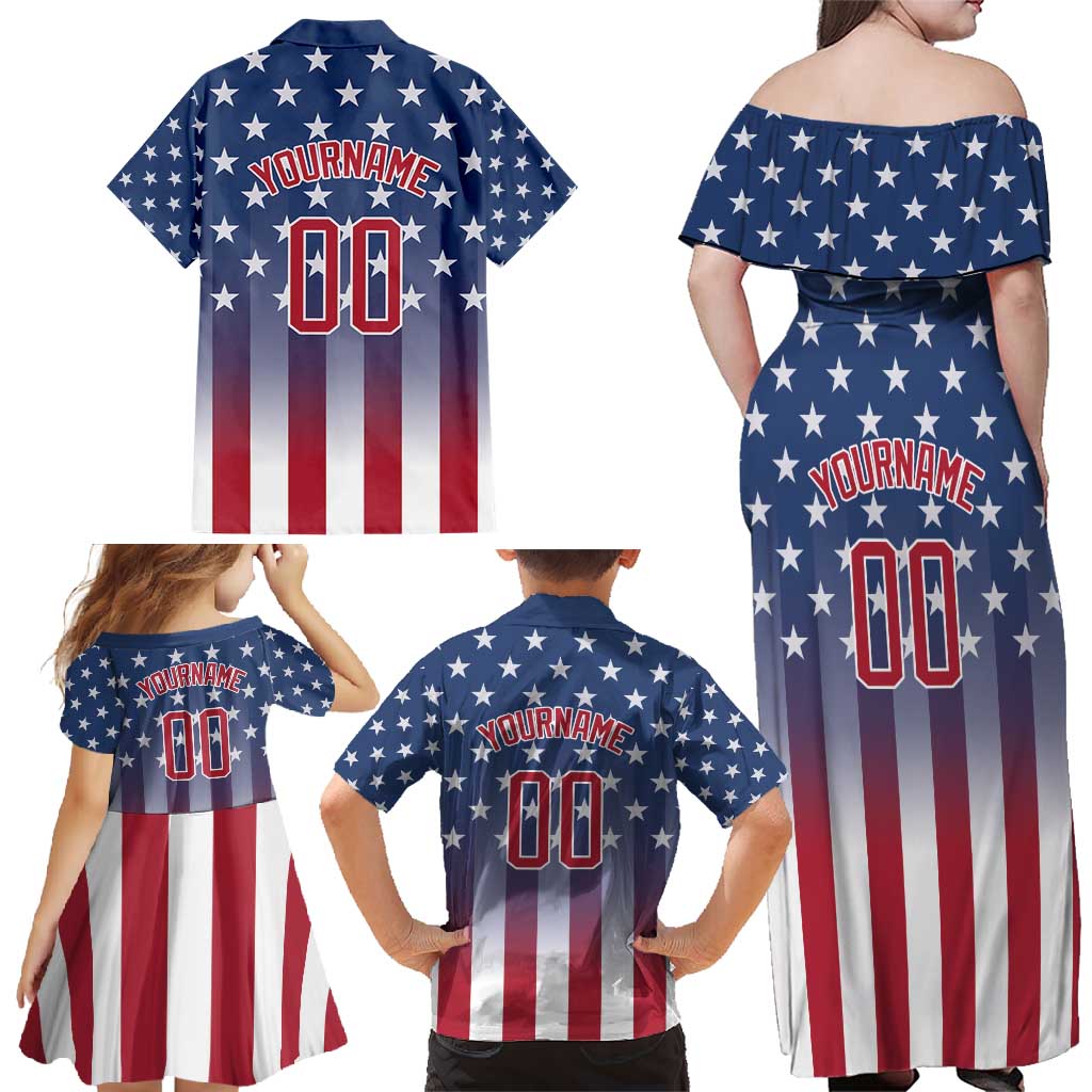 Personalized Team Name American Family Matching Off Shoulder Maxi Dress and Hawaiian Shirt USA Flag Fashion Sports
