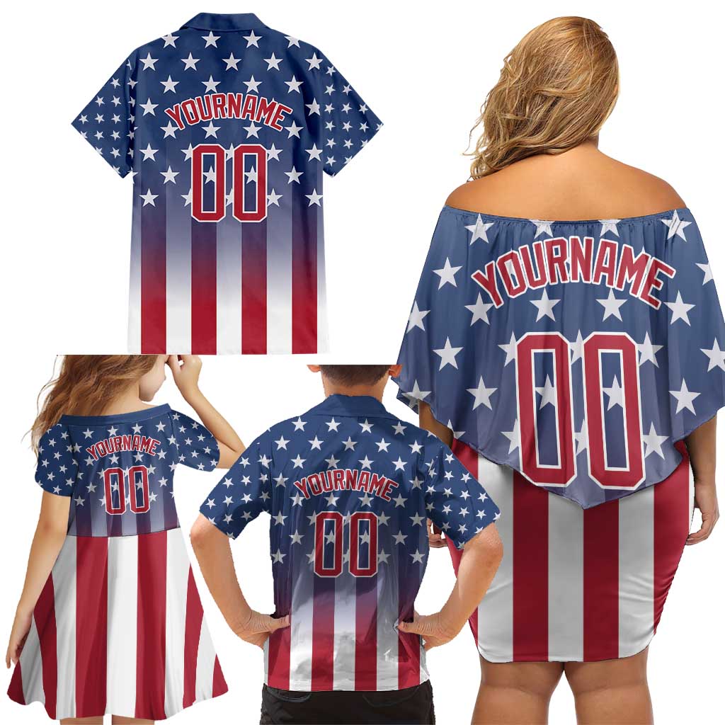 Personalized Team Name American Family Matching Off Shoulder Short Dress and Hawaiian Shirt USA Flag Fashion Sports