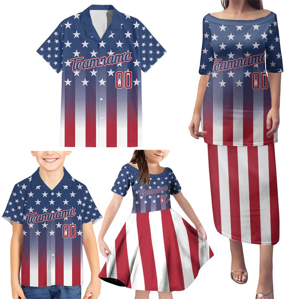 Personalized Team Name American Family Matching Puletasi and Hawaiian Shirt USA Flag Fashion Sports