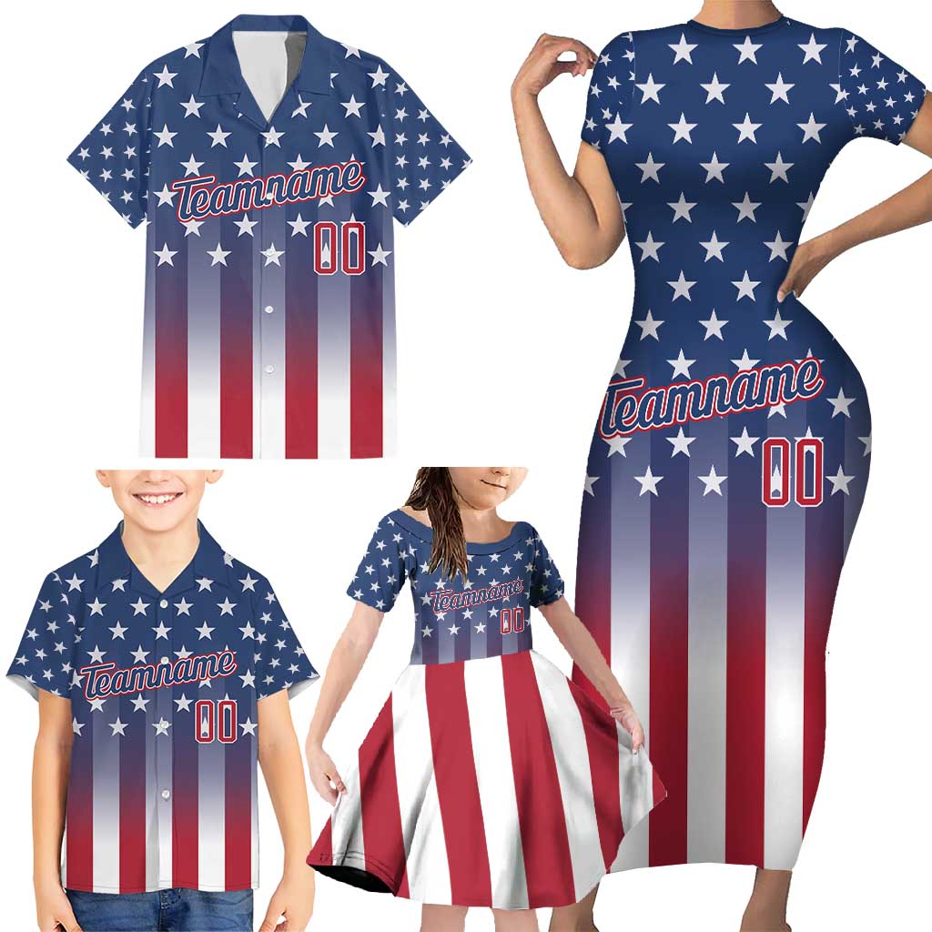 Personalized Team Name American Family Matching Short Sleeve Bodycon Dress and Hawaiian Shirt USA Flag Fashion Sports