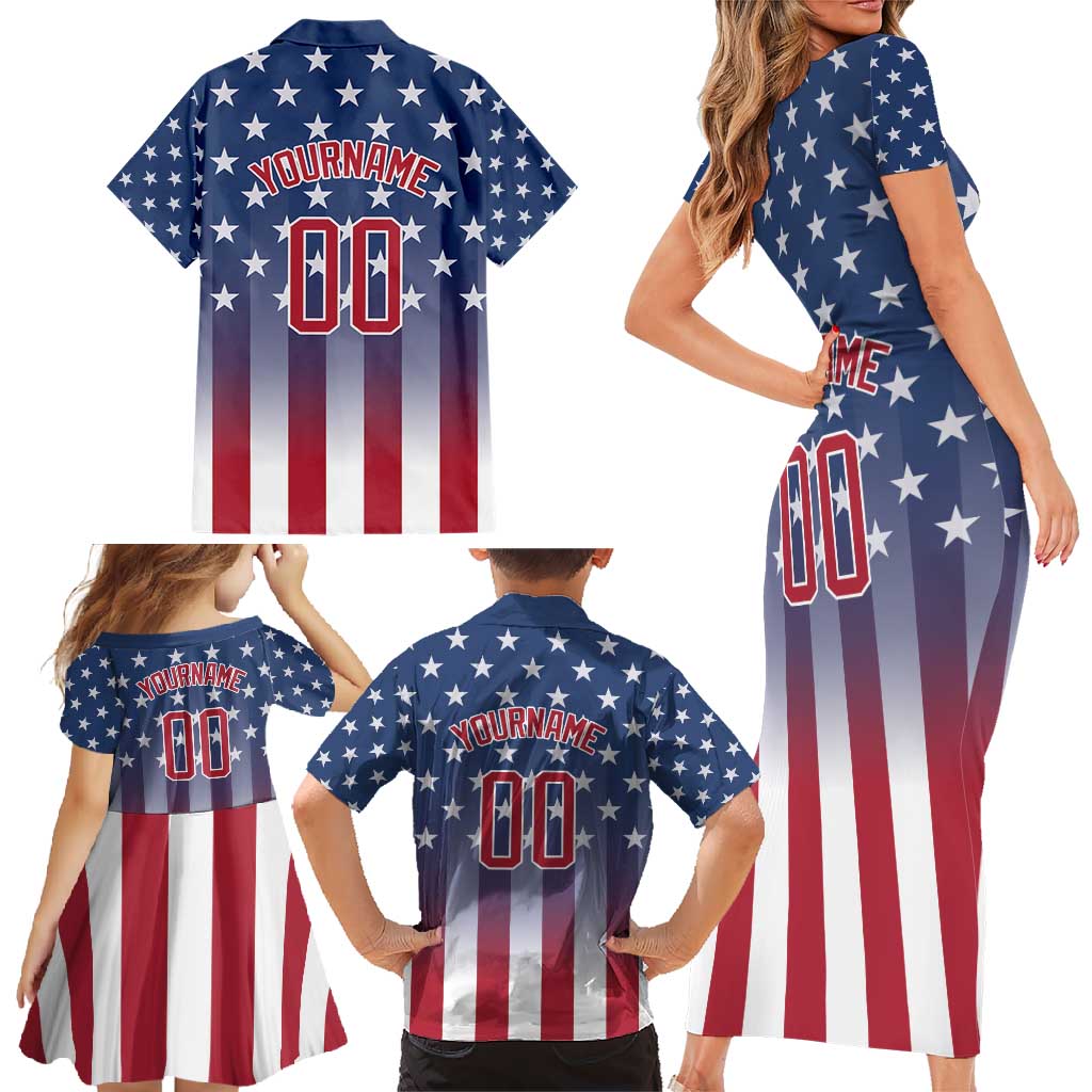 Personalized Team Name American Family Matching Short Sleeve Bodycon Dress and Hawaiian Shirt USA Flag Fashion Sports