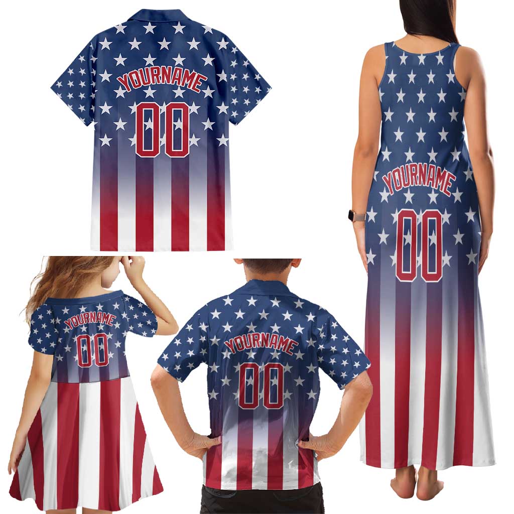 Personalized Team Name American Family Matching Tank Maxi Dress and Hawaiian Shirt USA Flag Fashion Sports