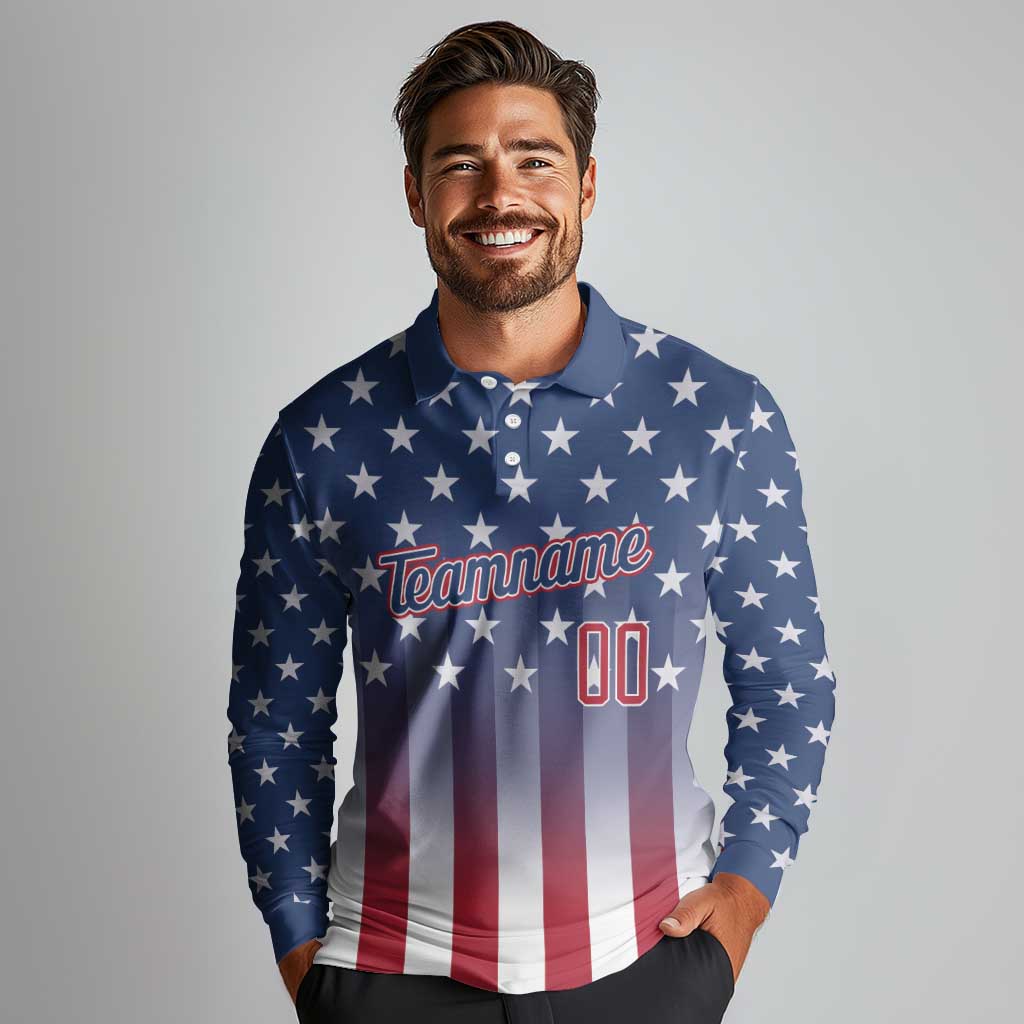 Personalized Team Name American Long Sleeve Polo Shirt USA Flag Fashion Sports