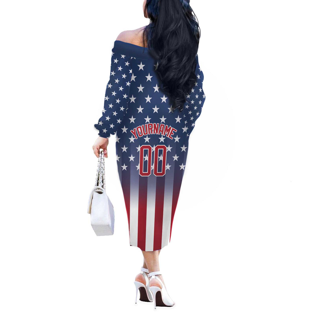 Personalized Team Name American Off The Shoulder Long Sleeve Dress USA Flag Fashion Sports