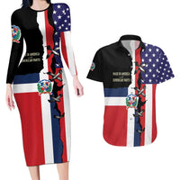 Dominican Republic Couples Matching Long Sleeve Bodycon Dress and Hawaiian Shirt Made In America with Dominican Parts DT03