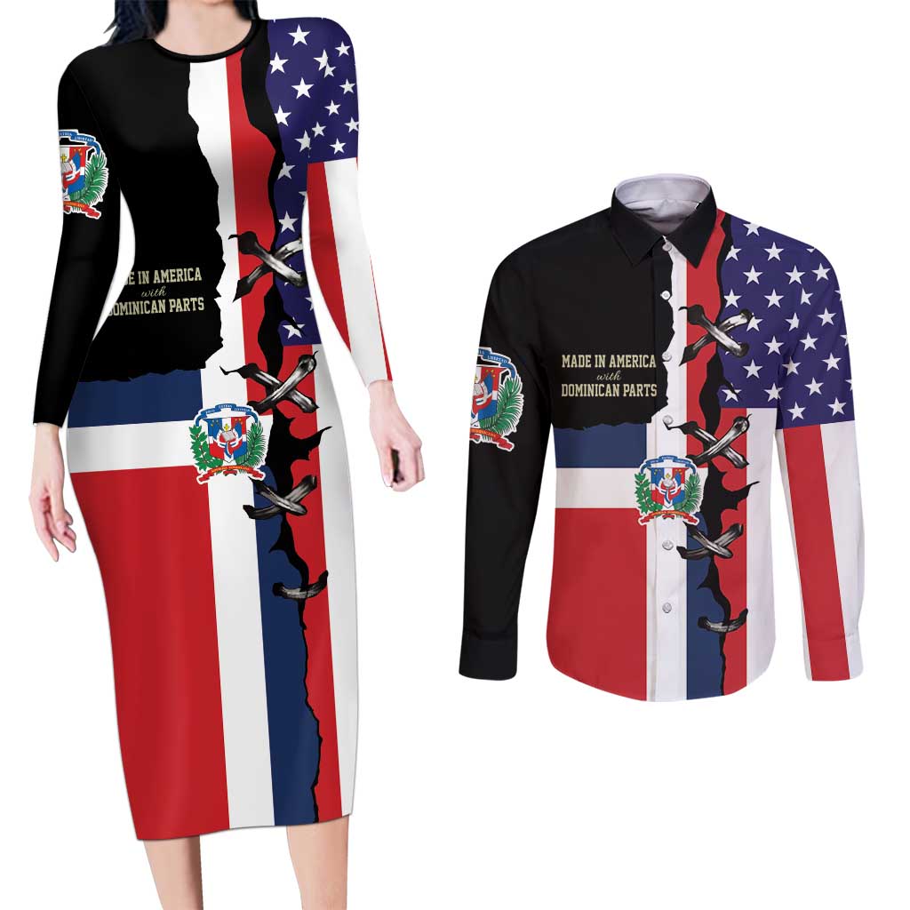 Dominican Republic Couples Matching Long Sleeve Bodycon Dress and Long Sleeve Button Shirt Made In America with Dominican Parts DT03