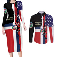 Dominican Republic Couples Matching Long Sleeve Bodycon Dress and Long Sleeve Button Shirt Made In America with Dominican Parts DT03