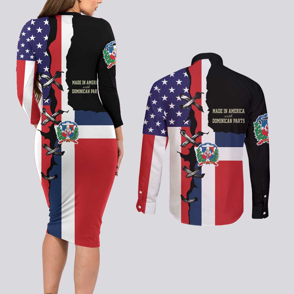 Dominican Republic Couples Matching Long Sleeve Bodycon Dress and Long Sleeve Button Shirt Made In America with Dominican Parts DT03