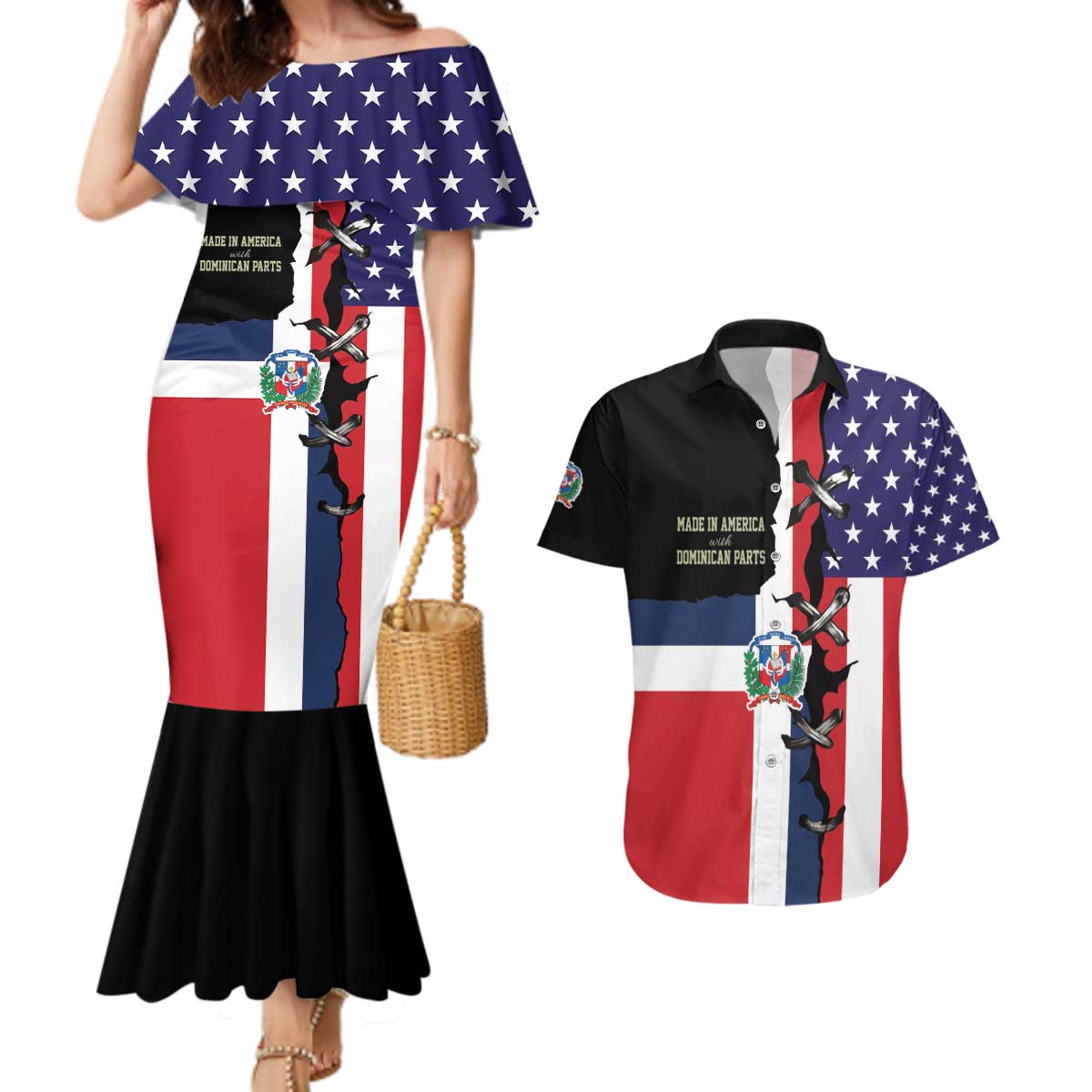 Dominican Republic Couples Matching Mermaid Dress and Hawaiian Shirt Made In America with Dominican Parts DT03