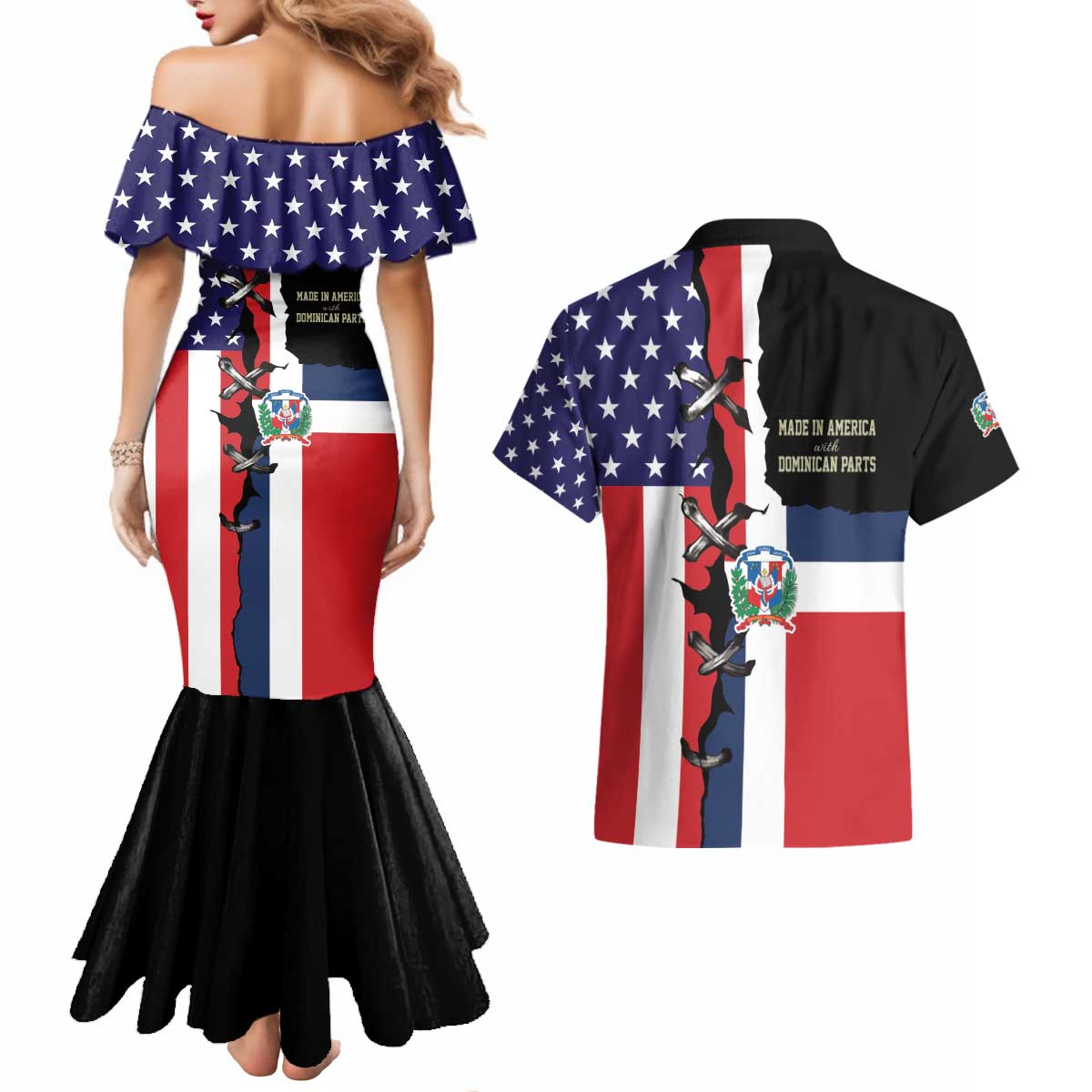Dominican Republic Couples Matching Mermaid Dress and Hawaiian Shirt Made In America with Dominican Parts DT03