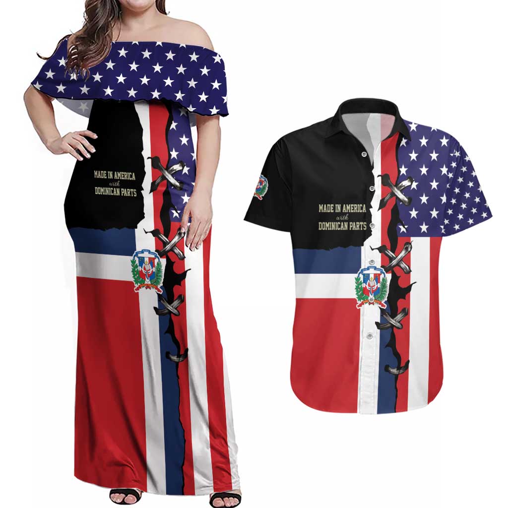 Dominican Republic Couples Matching Off Shoulder Maxi Dress and Hawaiian Shirt Made In America with Dominican Parts DT03