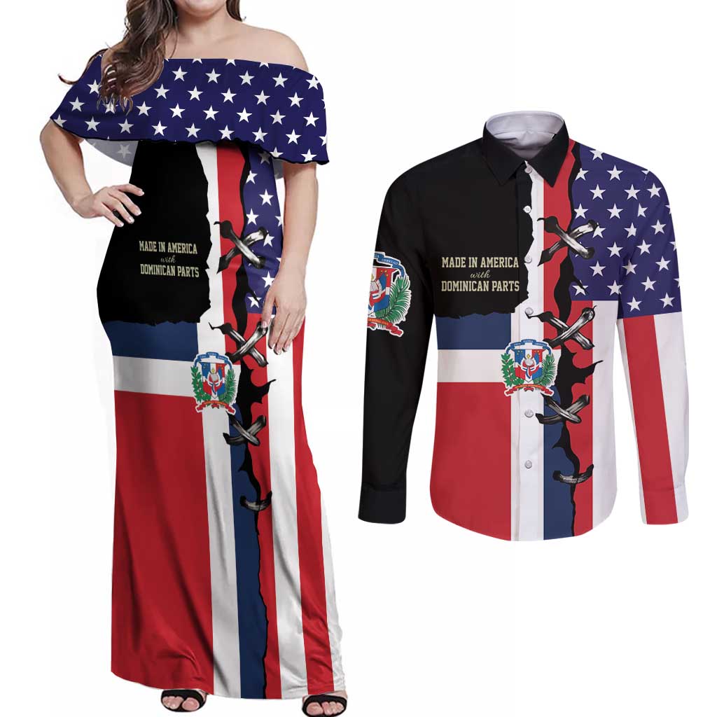 Dominican Republic Couples Matching Off Shoulder Maxi Dress and Long Sleeve Button Shirt Made In America with Dominican Parts DT03