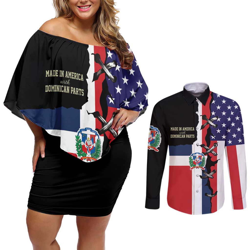 Dominican Republic Couples Matching Off Shoulder Short Dress and Long Sleeve Button Shirt Made In America with Dominican Parts DT03