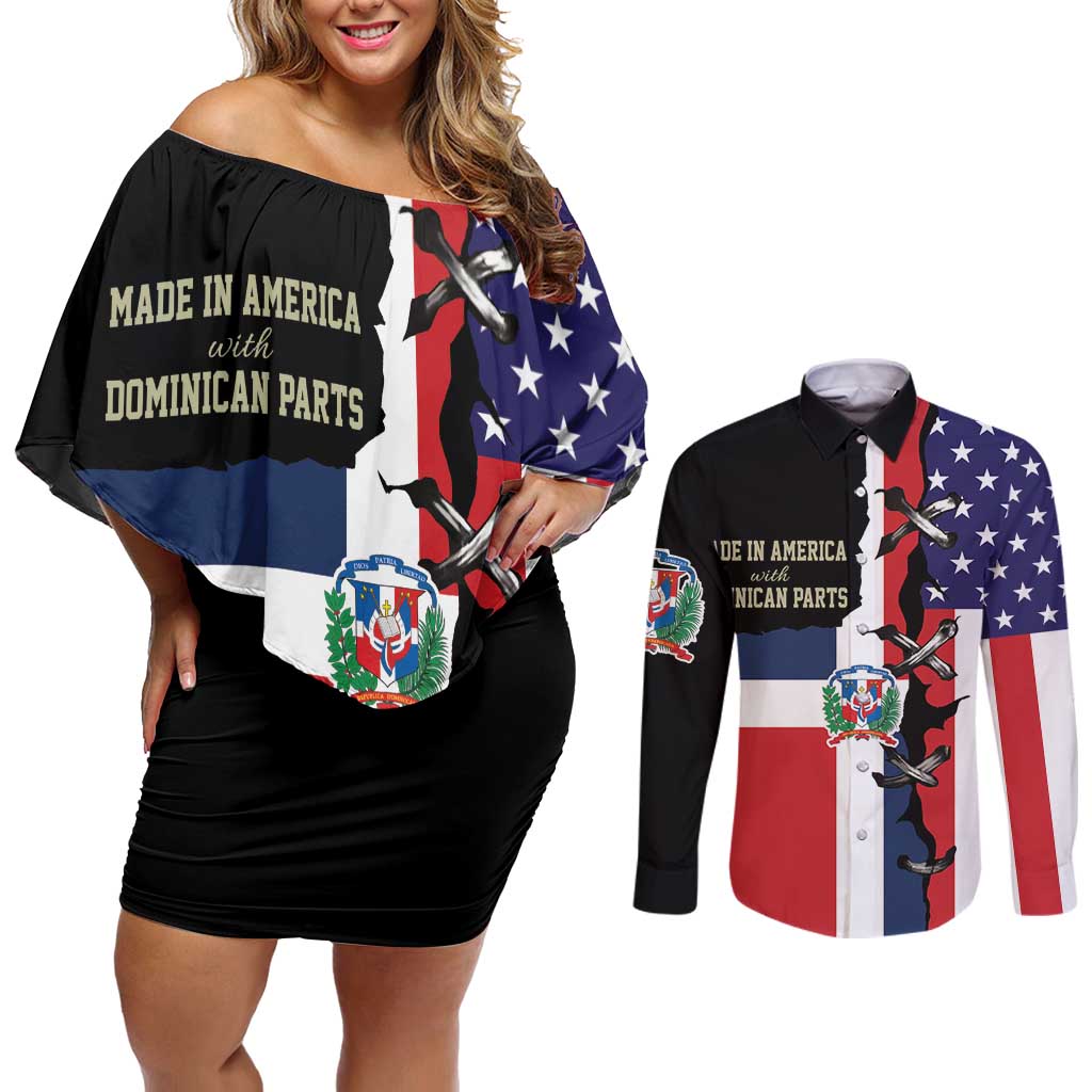 Dominican Republic Couples Matching Off Shoulder Short Dress and Long Sleeve Button Shirt Made In America with Dominican Parts