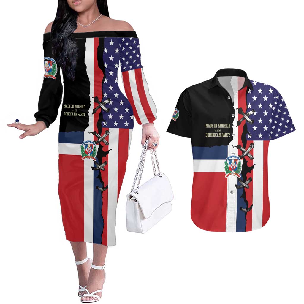 Dominican Republic Couples Matching Off The Shoulder Long Sleeve Dress and Hawaiian Shirt Made In America with Dominican Parts DT03