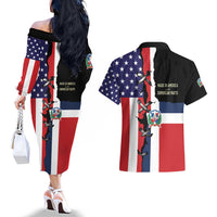 Dominican Republic Couples Matching Off The Shoulder Long Sleeve Dress and Hawaiian Shirt Made In America with Dominican Parts DT03
